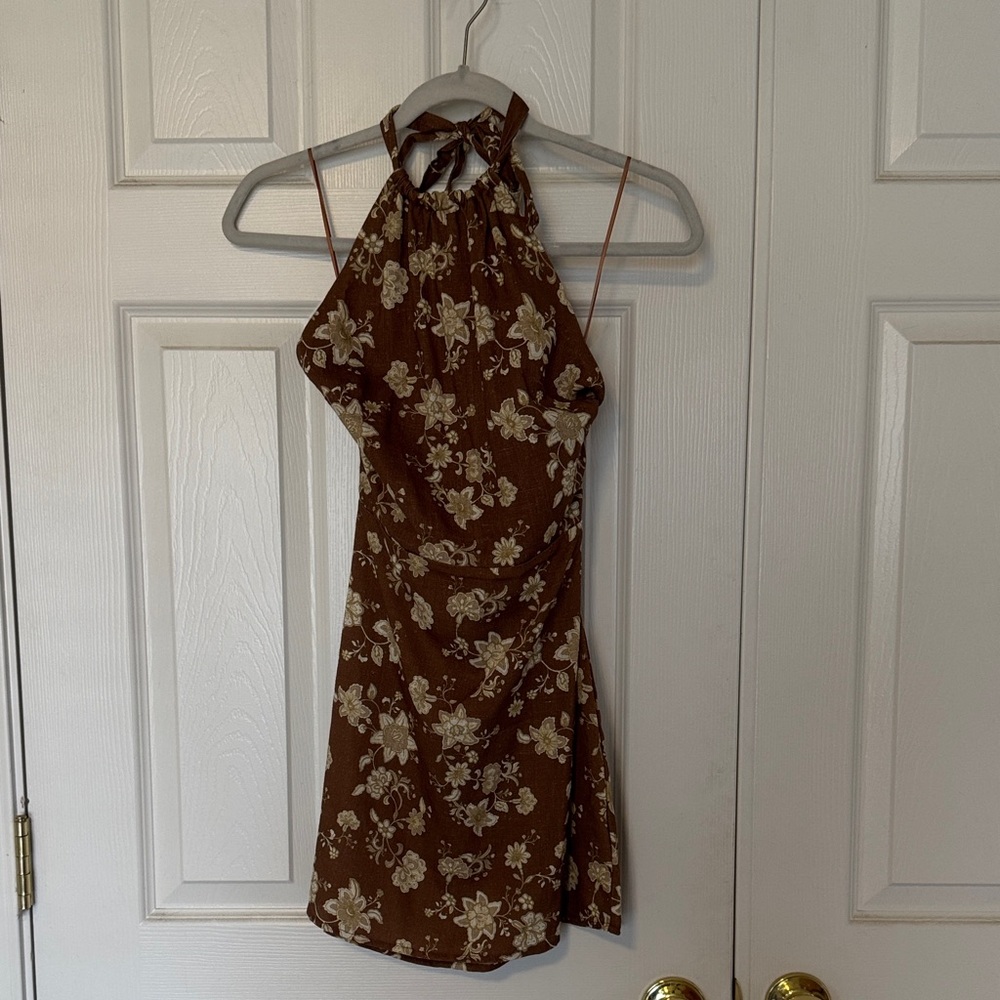 Rhythm Brown Floral Halter Mini Dress with Cream Pattern